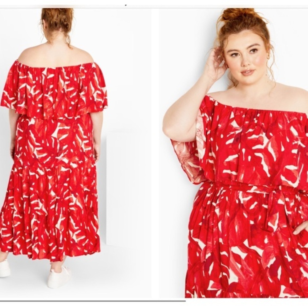 City Chic Vibrant Red& Blue Off-Shoulder Maxi Dress